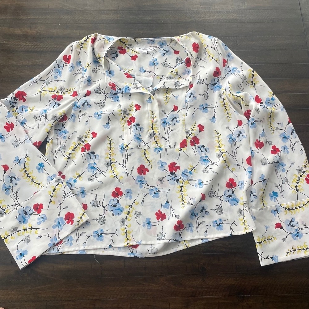 Equipment Femme Floral Print Silk Blouse Button Down Bell Sleeve Top